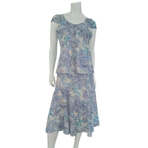 Vtg Ardoise Montreal 2 Piece Skirt Set Blue Cream Floral Leaf Print Skirt & Top